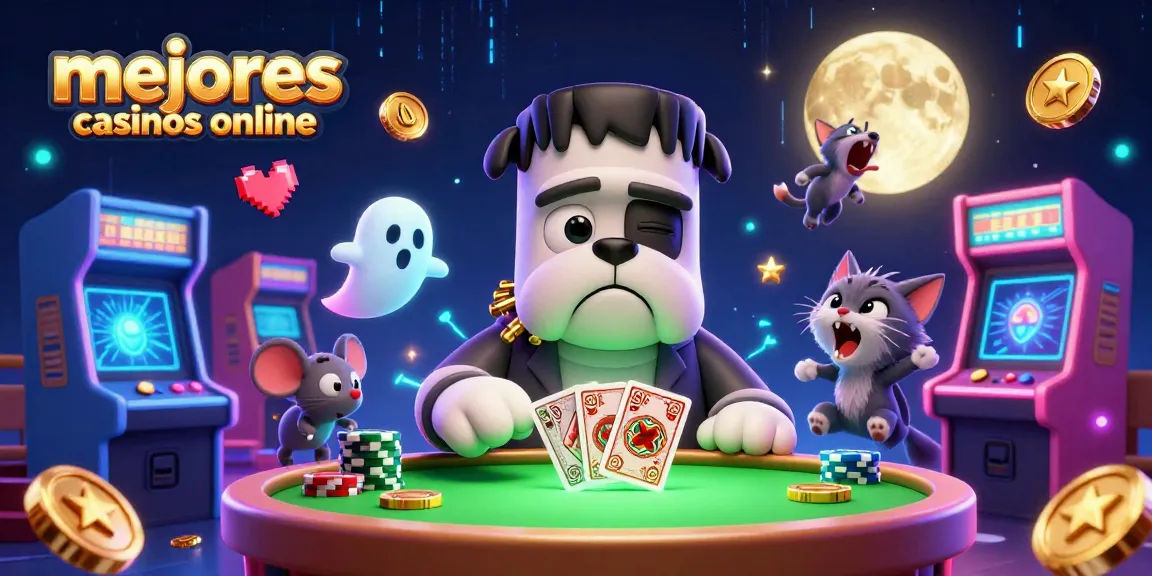 Ilustración de un bulldog monstruo con cartas en los mejores casinos online, rodeado de máquinas de juego 3D y efectos neón.