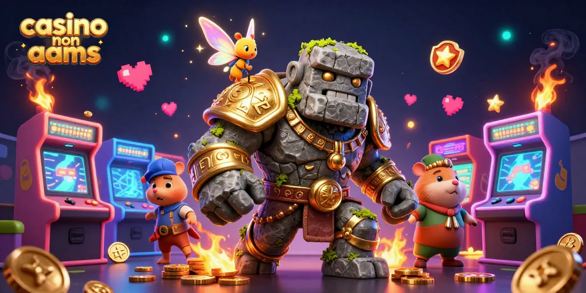 Giocatori vincitori nei casino non AAMS mentre interagiscono con un golem magico, simbolo di avventura e divertimento.