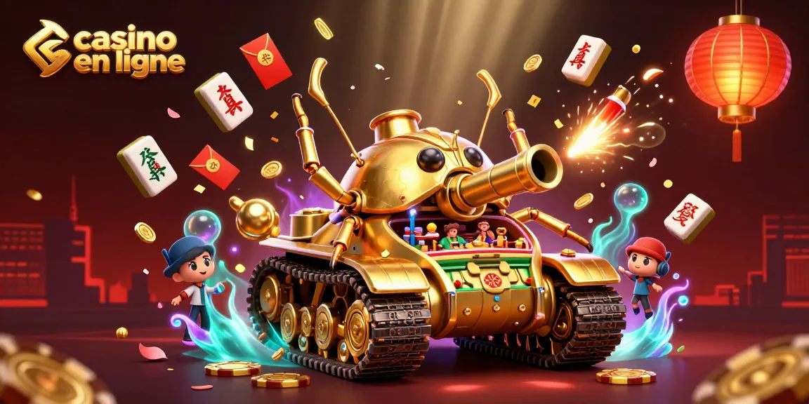 Jouer au casino en ligne avec un tank doré animé, patrons de mini-casino, et des éléments festifs.