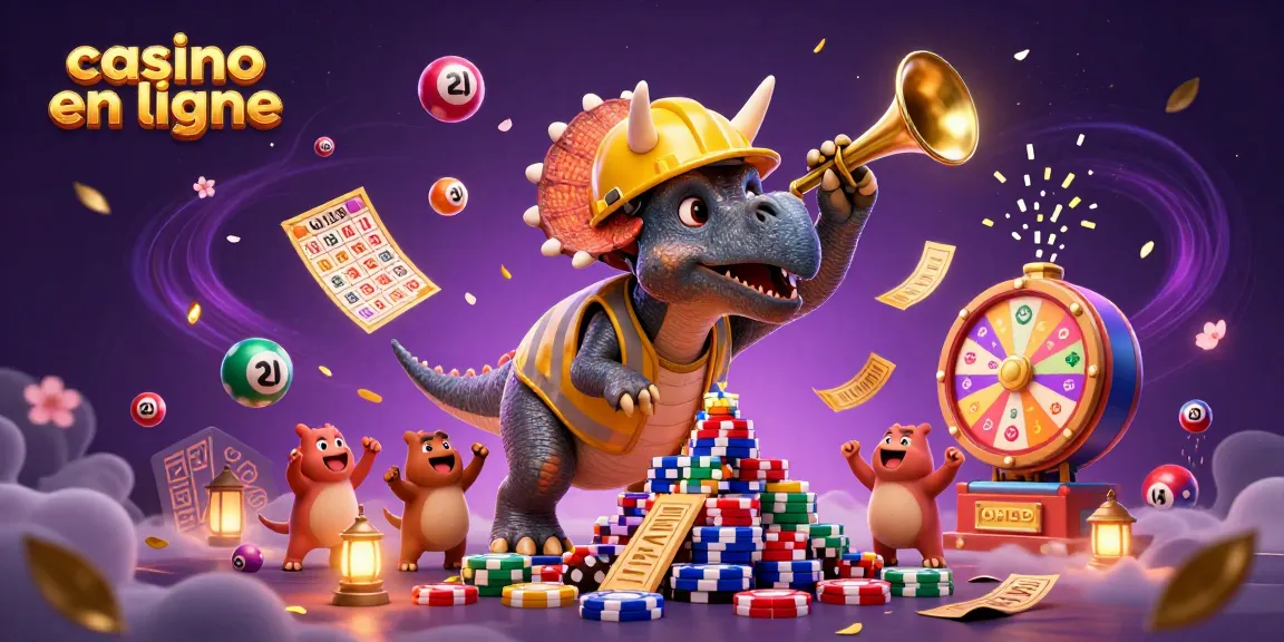 Illustration dynamique d'un casino en ligne célébrant avec des personnages de dinosaures et des éléments de jeu.
