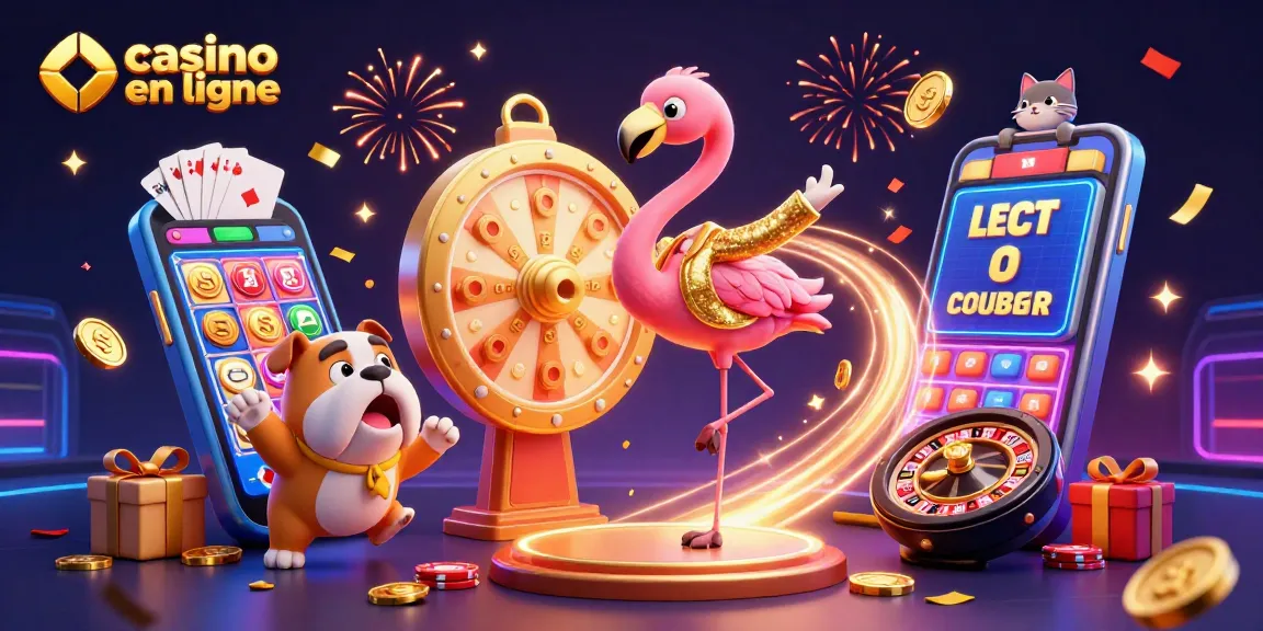 Animation d'un jeu de casino en ligne où un flamant rose anime le tout avec un bulldog excité et un chat affichant des prix.