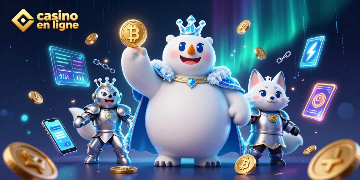 Profitez d'une illustration de casino en ligne avec des personnages animés entourés de crypto-monnaies scintillantes.