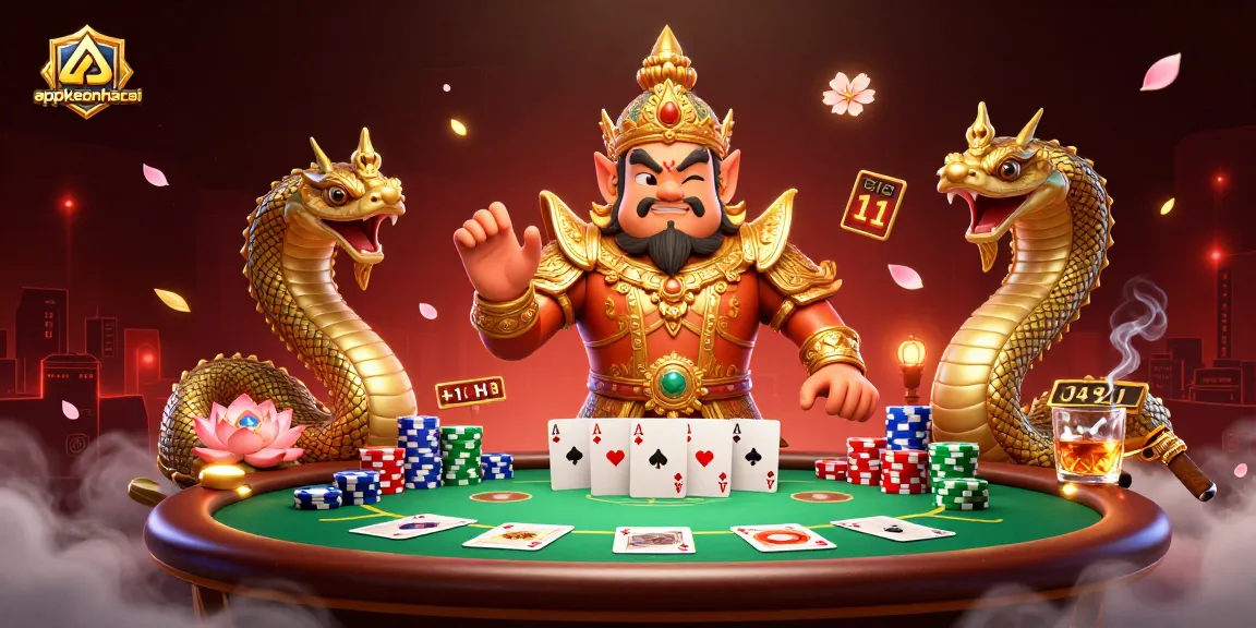 appkeonhacai showcases an engaging 3D guardian surrounded by poker elements and vibrant visuals