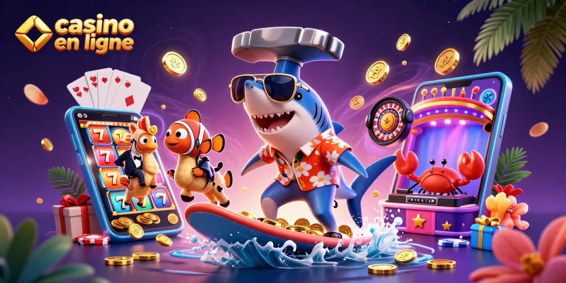 Animation captivante dans un casino en ligne avec un requin et des éléments ludiques.