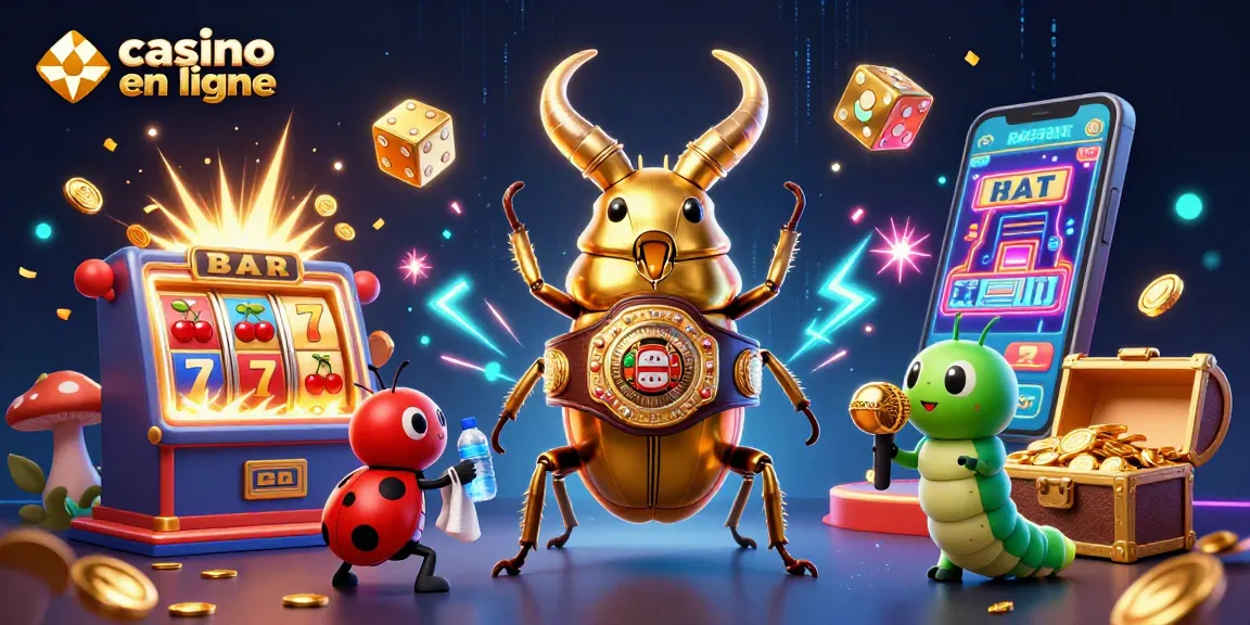 Explorez le monde du casino en ligne avec un scarabée doré géant et une machine à sous explosant de pièces !