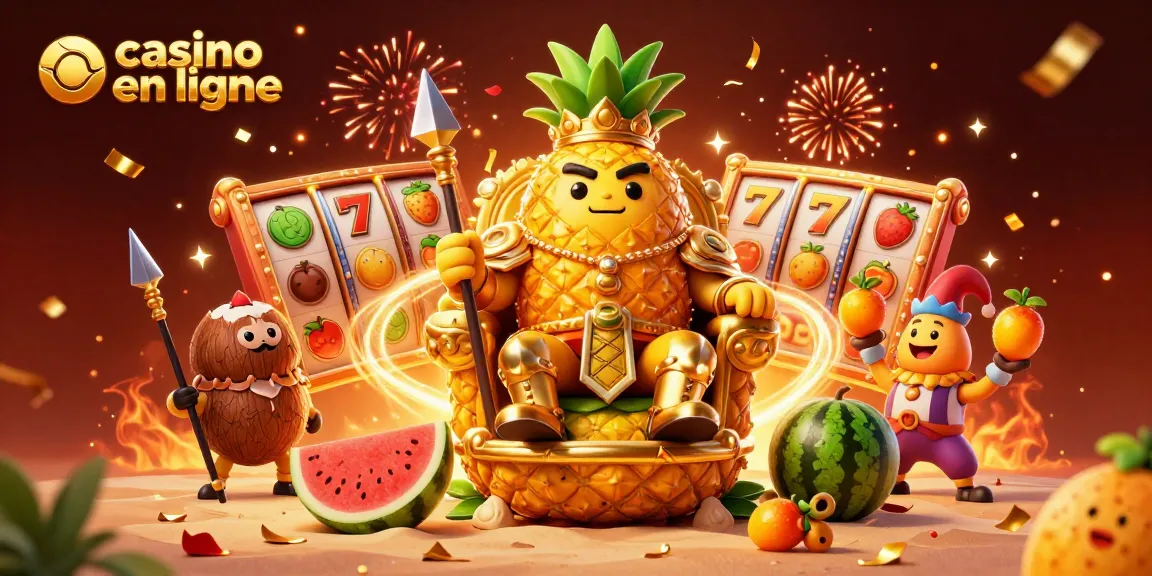 Un roi ananas jouant au casino en ligne avec des gardes et un bouffon sur un fond vibrant.