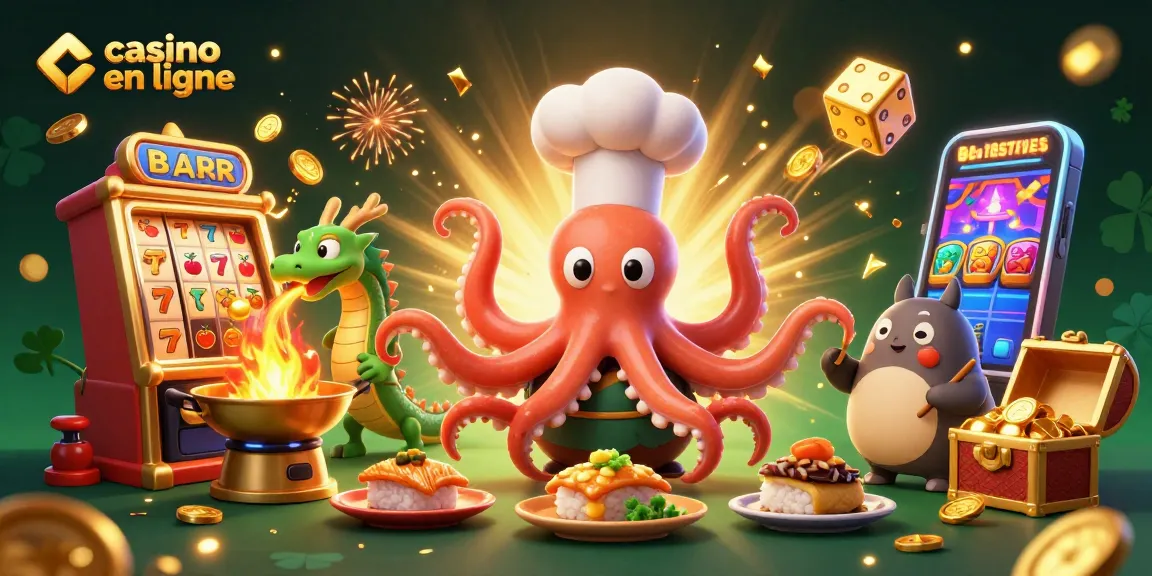 Découvrez l'excitation du casino en ligne avec un octopus chef cartoon préparant des plats dorés.