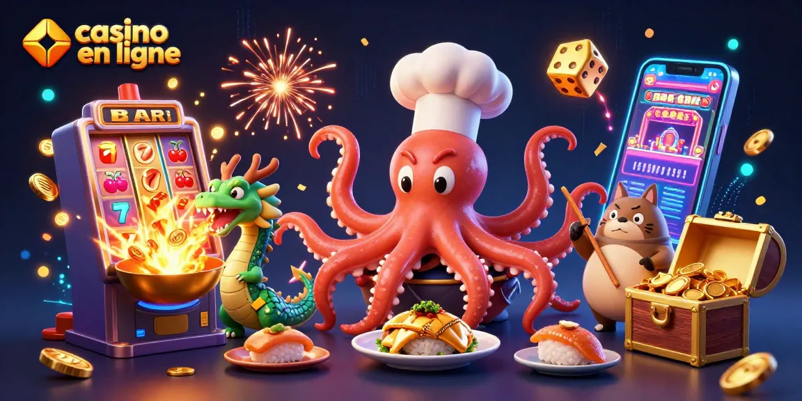 Des symboles adorables de casino en ligne s'animent autour d'un chef sushi octopus.