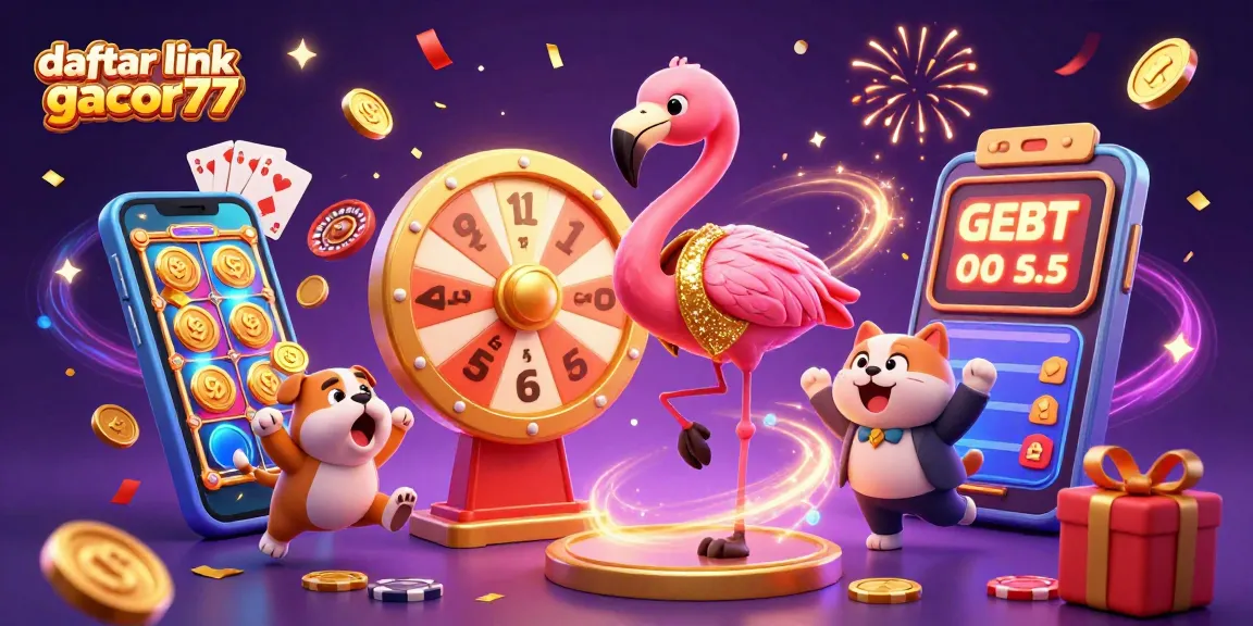 Engage in thrilling gameplay with daftar link gacor77, featuring a game show host flamingo and dynamic casino elements.