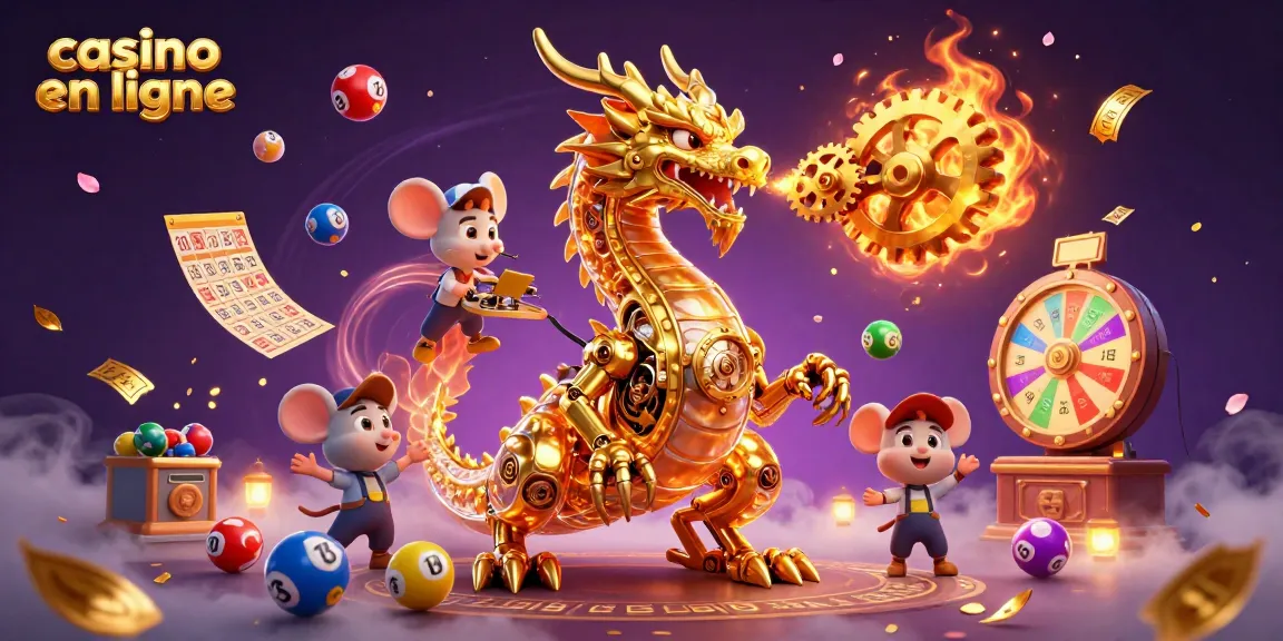Jeu de casino en ligne illustré par un dragon d'or et des boules de loterie colorées en action