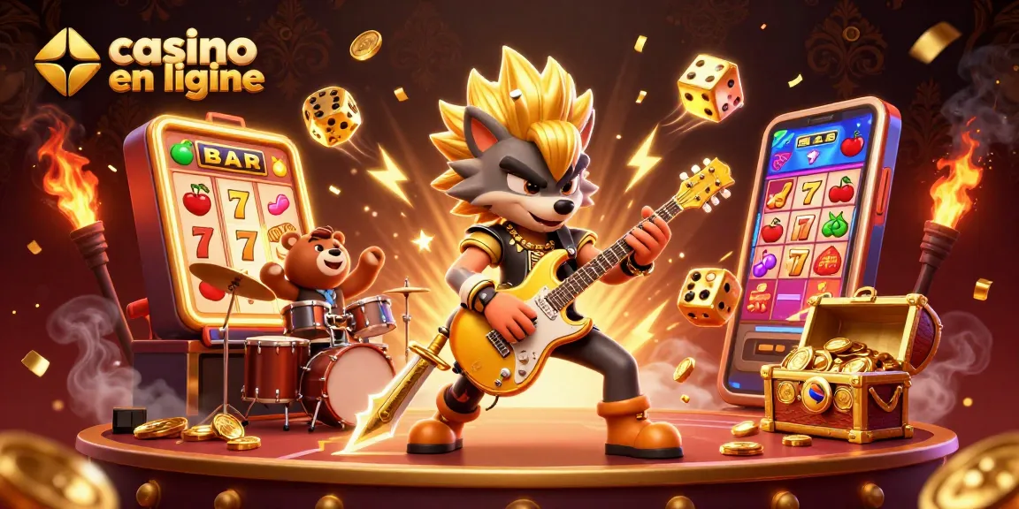 Illustration de casino en ligne avec un loup rock star et un ours batteur, révélant un jackpot d'or.