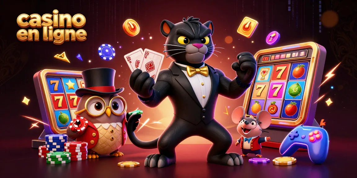 Illustration animée casino en ligne avec une panthère, un hibou et une souris autour des machines à sous.