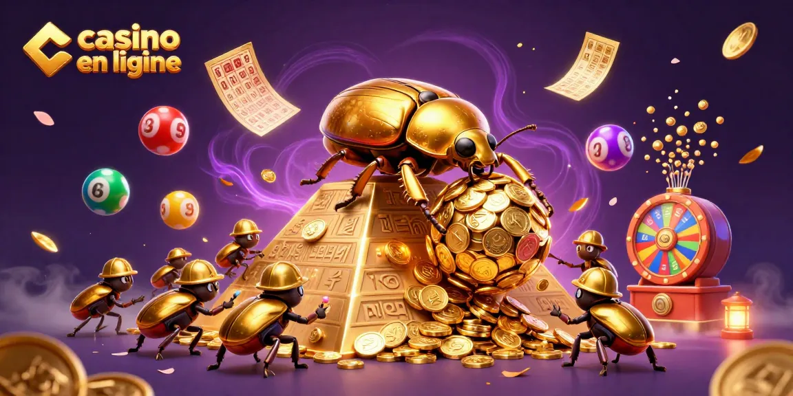 Jouez au casino en ligne avec des symboles de loterie colorés et une ambiance festive.