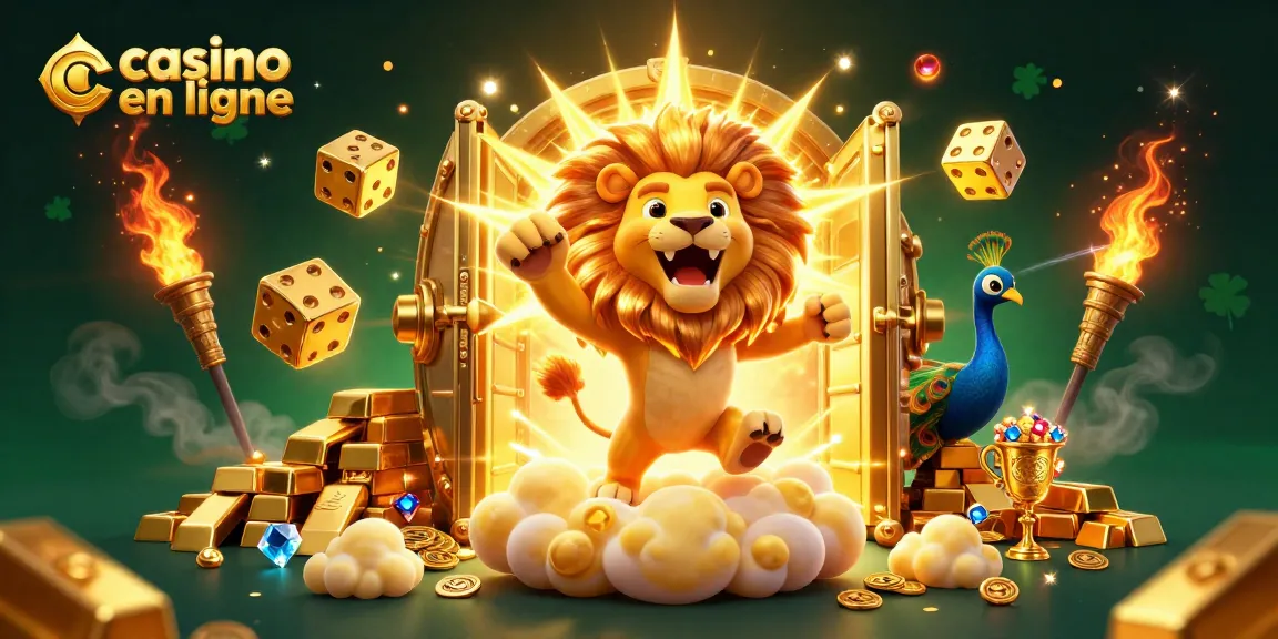 Découvrez un lion ensoleillé en train de rugir sur une plateforme dorée dans un casino en ligne vibrant.