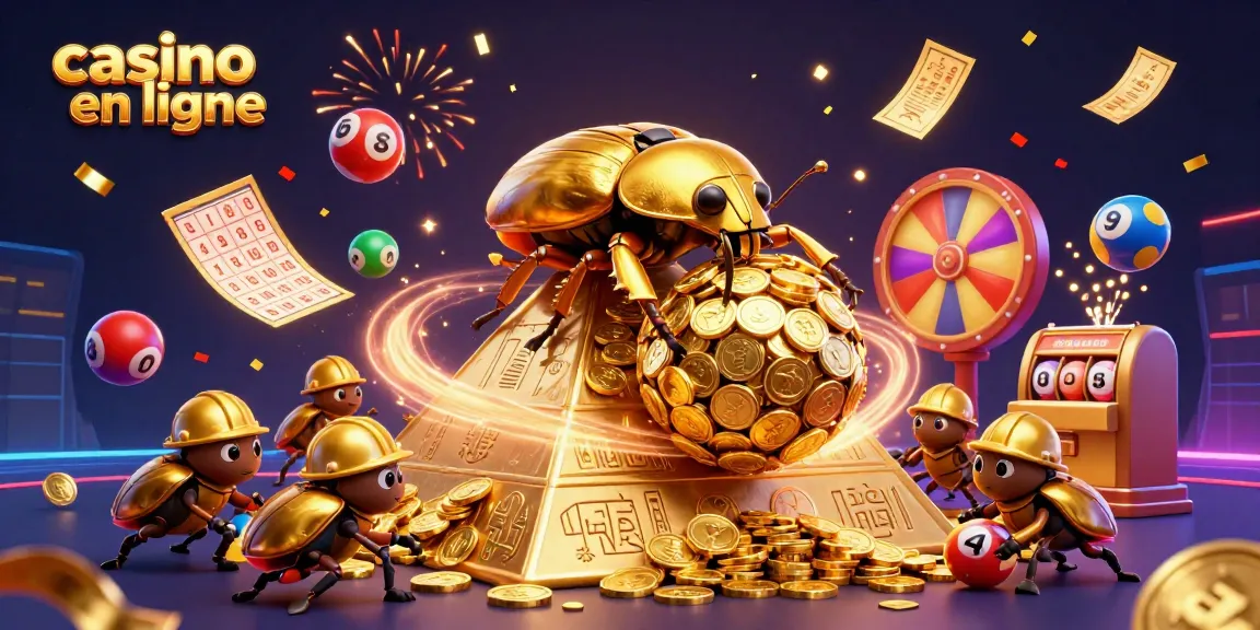 Visualisez le casino en ligne avec un scarabée doré et des éléments de loterie colorés.