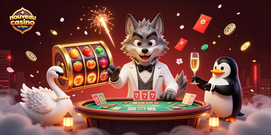 Découvrez un nouveau casino en ligne avec un loup élégant jouant au baccarat, accompagné d'un cygne et un pingouin, dans une illustration captivante.