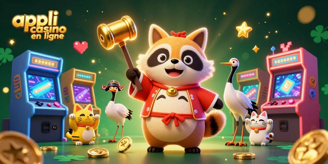 Appli casino en ligne : célébration en 3D avec un tanuki, un oiseau et des maneki-neko.
