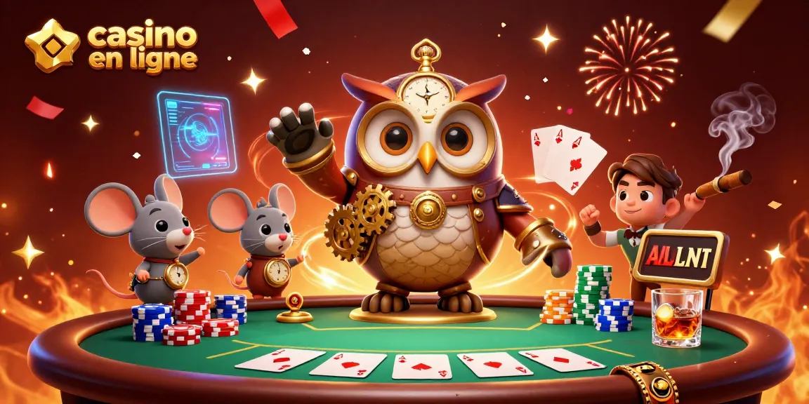 Découvrez l'excitation d'un casino en ligne avec une illustration 3D captivante d'une chouette et sa souris dans un décor de jeu.