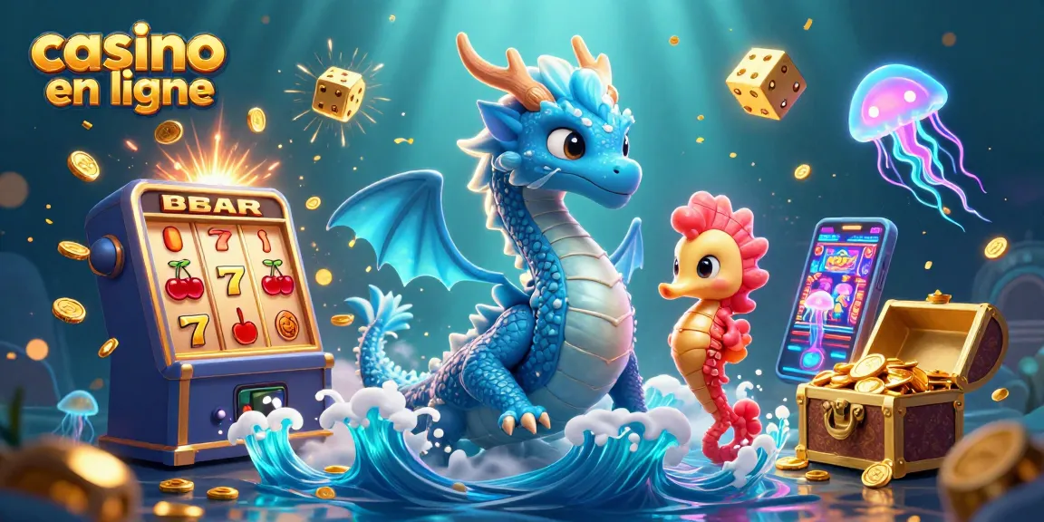Une illustration de casino en ligne vibrant avec un dragon d'eau, un chevalier hippocampe, et des méduses fluorescentes.
