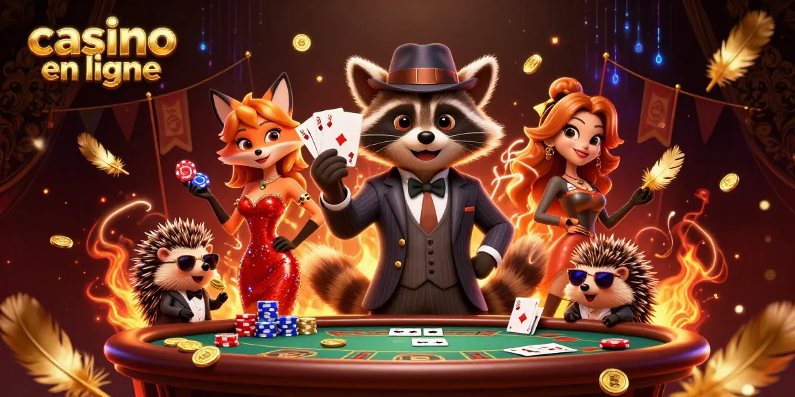 Jouez au casino en ligne avec ce raton laveur en costume et un jeu de cartes royal, entouré de jetons d'argent.