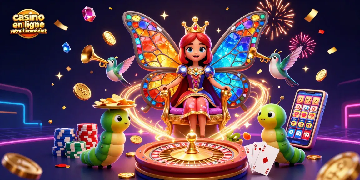 Vivez l'excitation du casino en ligne retrait immédiat avec une reine papillon et des éléments de jeu en 3D.