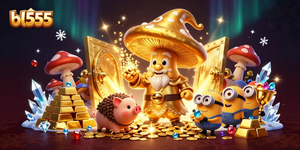 Experience bl555 with a magical golden wizard and treasure amidst vibrant casino elements and sparkling gems.