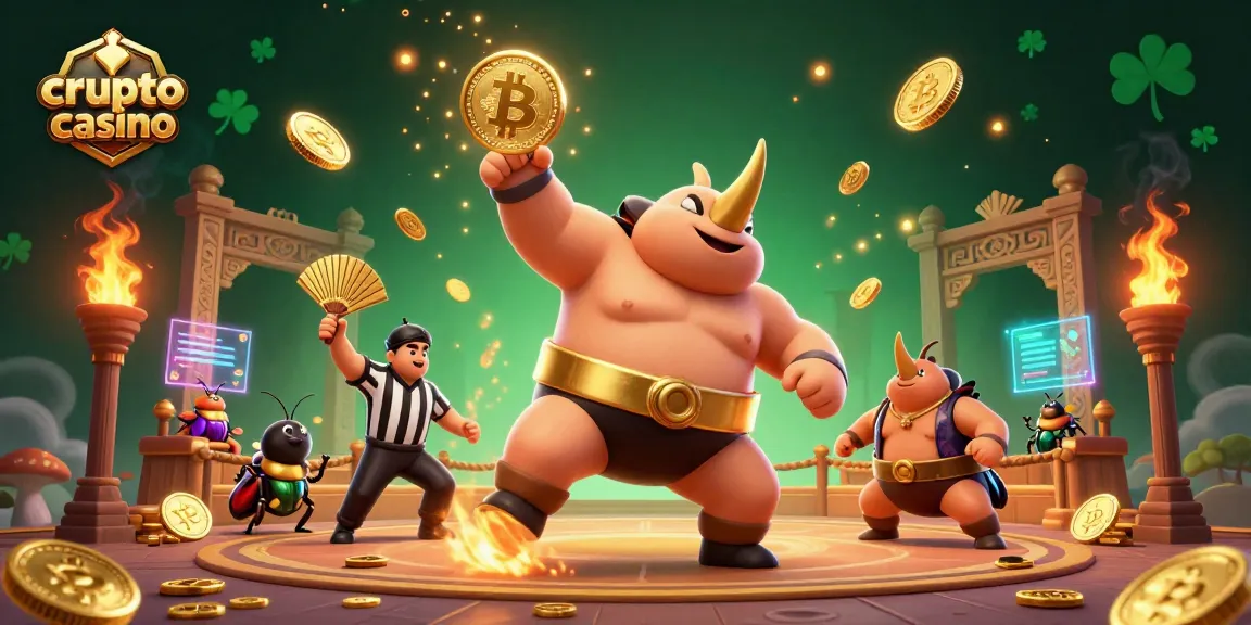 Illustration d'un crypto casino dynamiquement animé avec un scarabée rhinocéros champion en somme, des pièces d'or s'envolant.