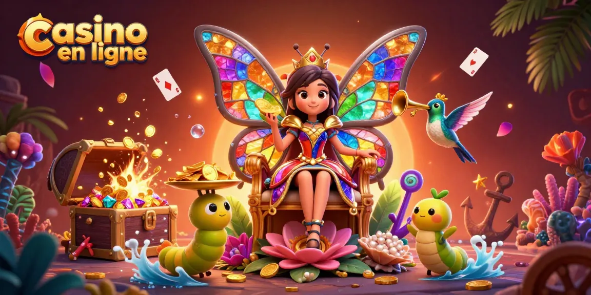 Plongez dans un casino en ligne enchanté avec une reine papillon, des jetons et des éléments aquatiques.