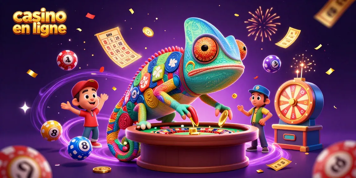 Un caméléon aux couleurs des jetons au casino en ligne, entouré de ballons et de confettis.