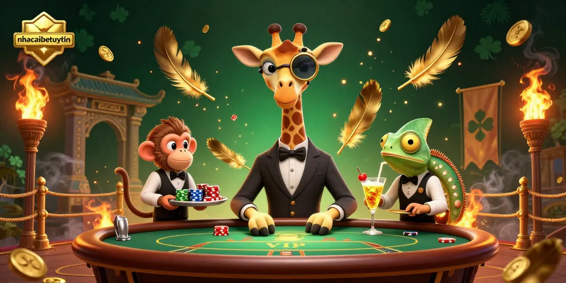 Experience thrilling action at nhacaibetuytin with our high-roller giraffe, monkey valet, and chameleon bartender!