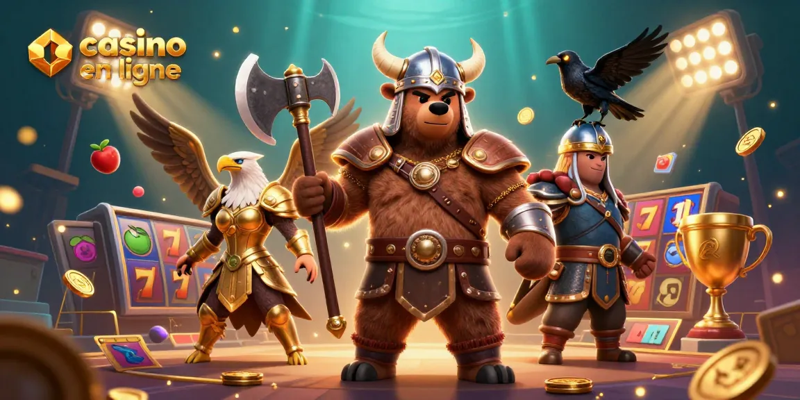 Célébrez le jeu avec un ours viking et une aigle valkyrie dans cette scène de casino en ligne riche et dynamique.
