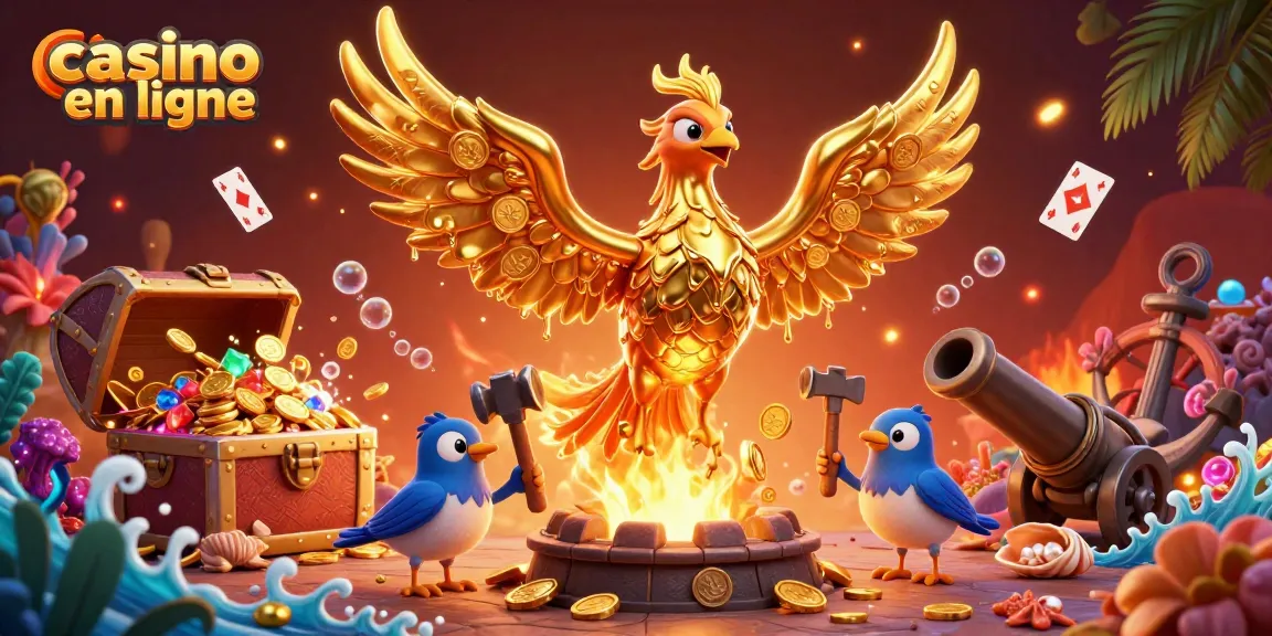 Illustration dynamique d'un casino en ligne avec un phoenix doré et des pièces de monnaie en or.