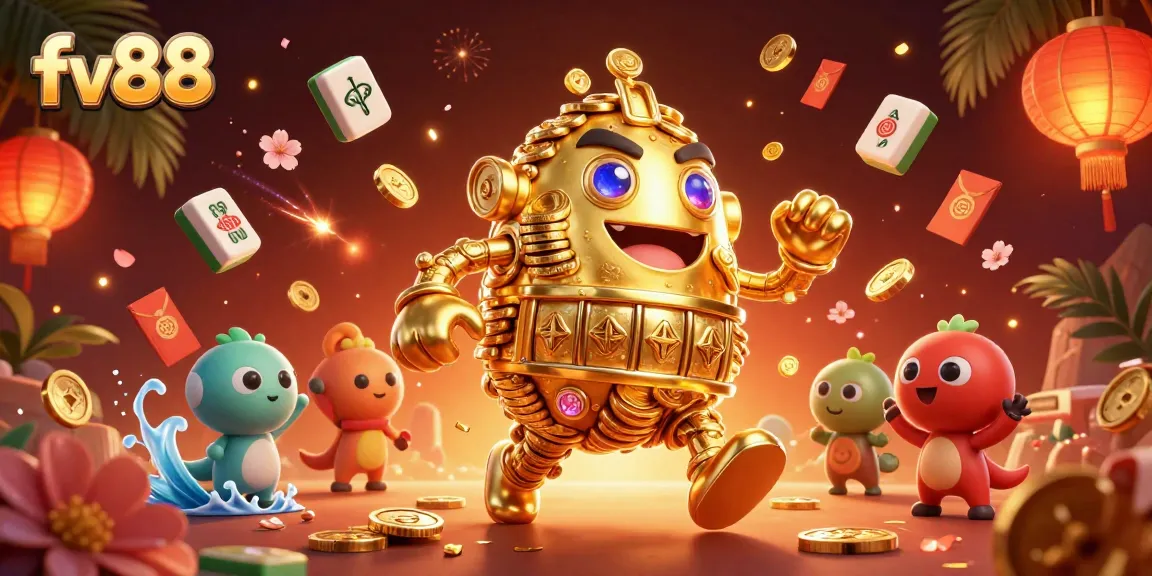 Experience thrilling gaming action with fv88's ancient golden golem surrounded by vibrant casino elements and lucky symbols.