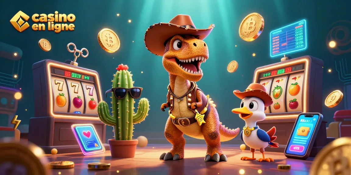 Illustration dynamique de casino en ligne avec un T-Rex, cactus et un oiseau, symboles de jeu et crypto.