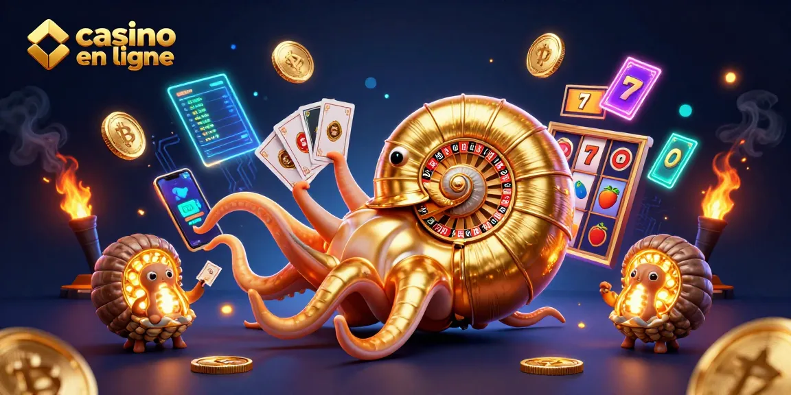 Visualisez le casino en ligne avec un nautilus géant et des éléments de jeux captivants.