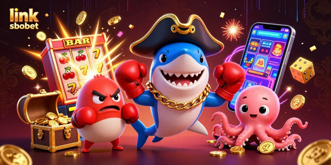 Engaging scene showcasing link sbobet with a pirate shark, pufferfish, and octopus surrounded by casino elements.