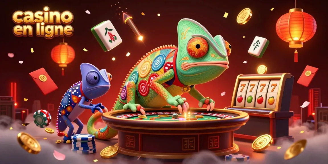 Illustration dynamique de casino en ligne avec un caméléon et des éléments de jeu en 3D.